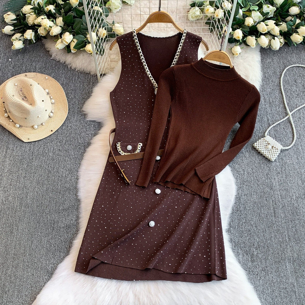 Vintage V-Needle Knit Tank Dress – Embellished Diamante Slim Fit Maxi, Layering Sweater Vest