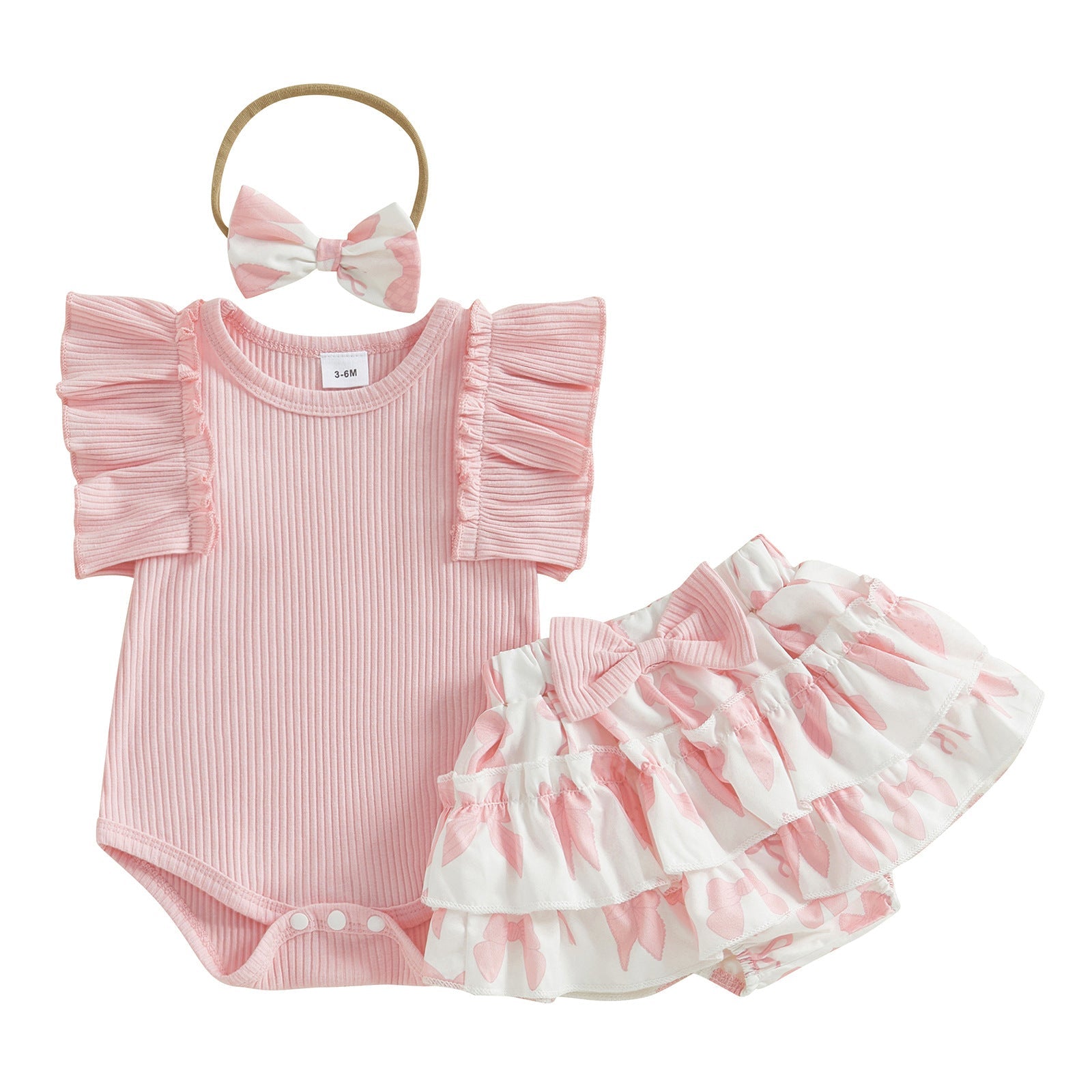 Baby And Toddler Solid Color Ruffle-Shoulder Sleeveless Romper And Printed Skirt Two-Piece Set