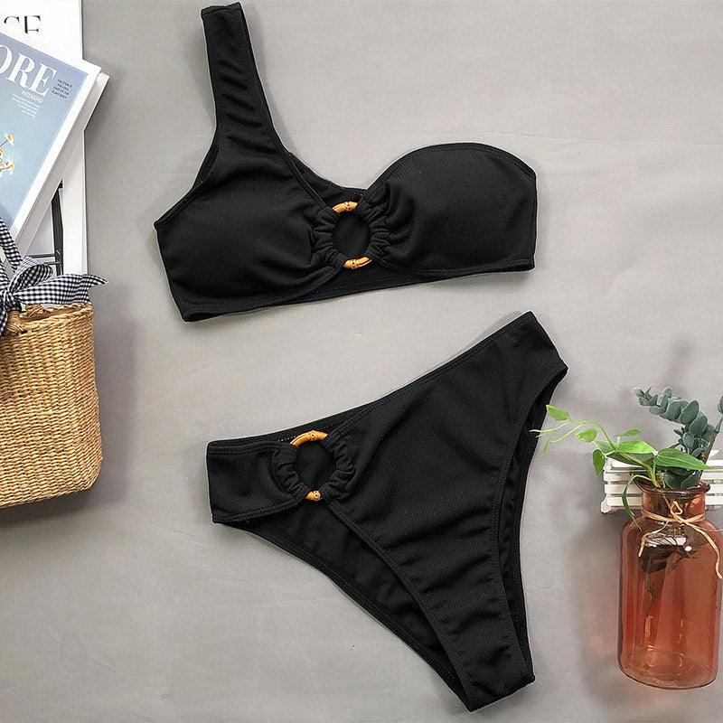 Modern Design Bikini Set One Shoulder Women's Swimsuits High Waist Bright Color Swimwear Women Rings Ribbed Bikinis Women's Ribbed O-Ring String Bikini Swimsuit Comfortable Swimwear