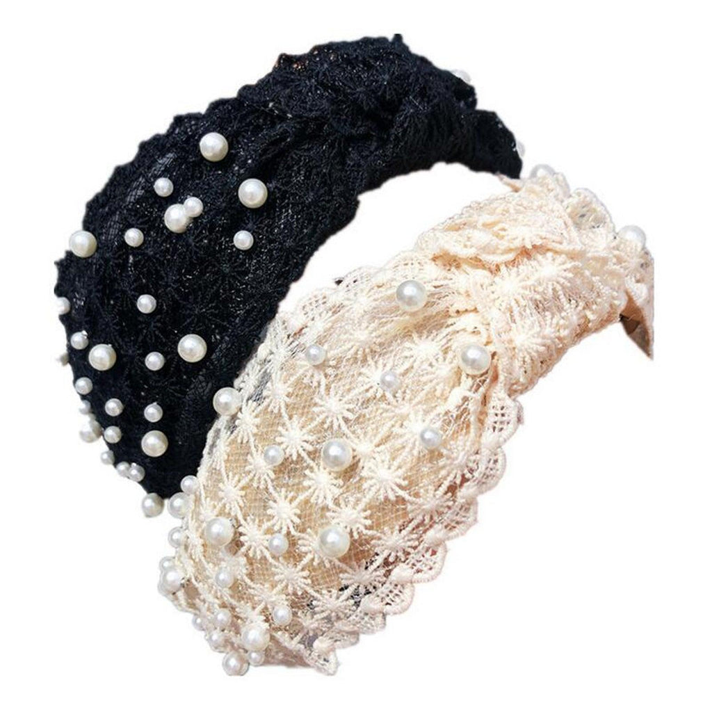 Fashion Girls Pearl Hairband White Black Lace Headband Women Artificial Pearls Hair Hoop Middle Knot Hair Accessories Gorgeous Hair Accessories For Women