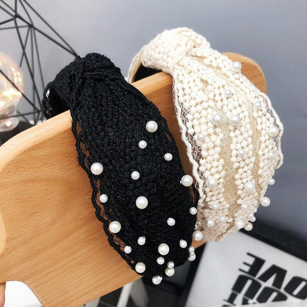 Fashion Girls Pearl Hairband White Black Lace Headband Women Artificial Pearls Hair Hoop Middle Knot Hair Accessories Gorgeous Hair Accessories For Women