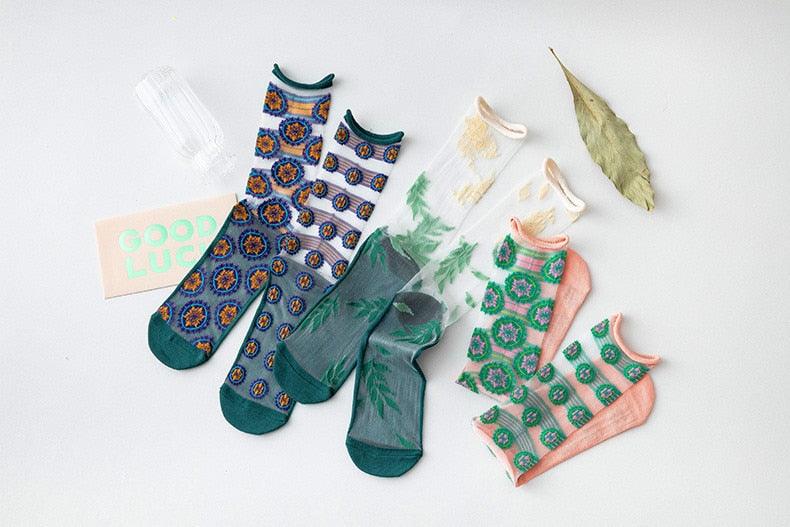 Fashion Women Socks New Spring Summer Mesh Thin Long Printed Socks Women Casual Breathable Fresh Flower Socks Korea Style Color Thin Socks For Women