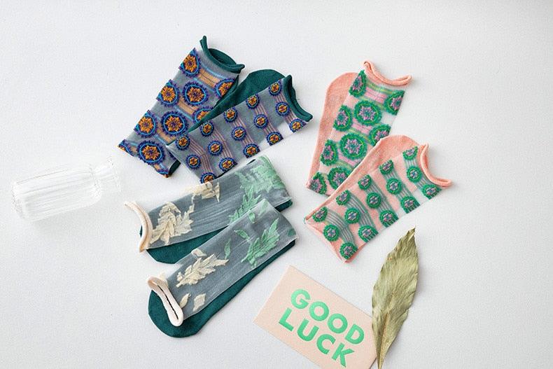 Fashion Women Socks New Spring Summer Mesh Thin Long Printed Socks Women Casual Breathable Fresh Flower Socks Korea Style Color Thin Socks For Women