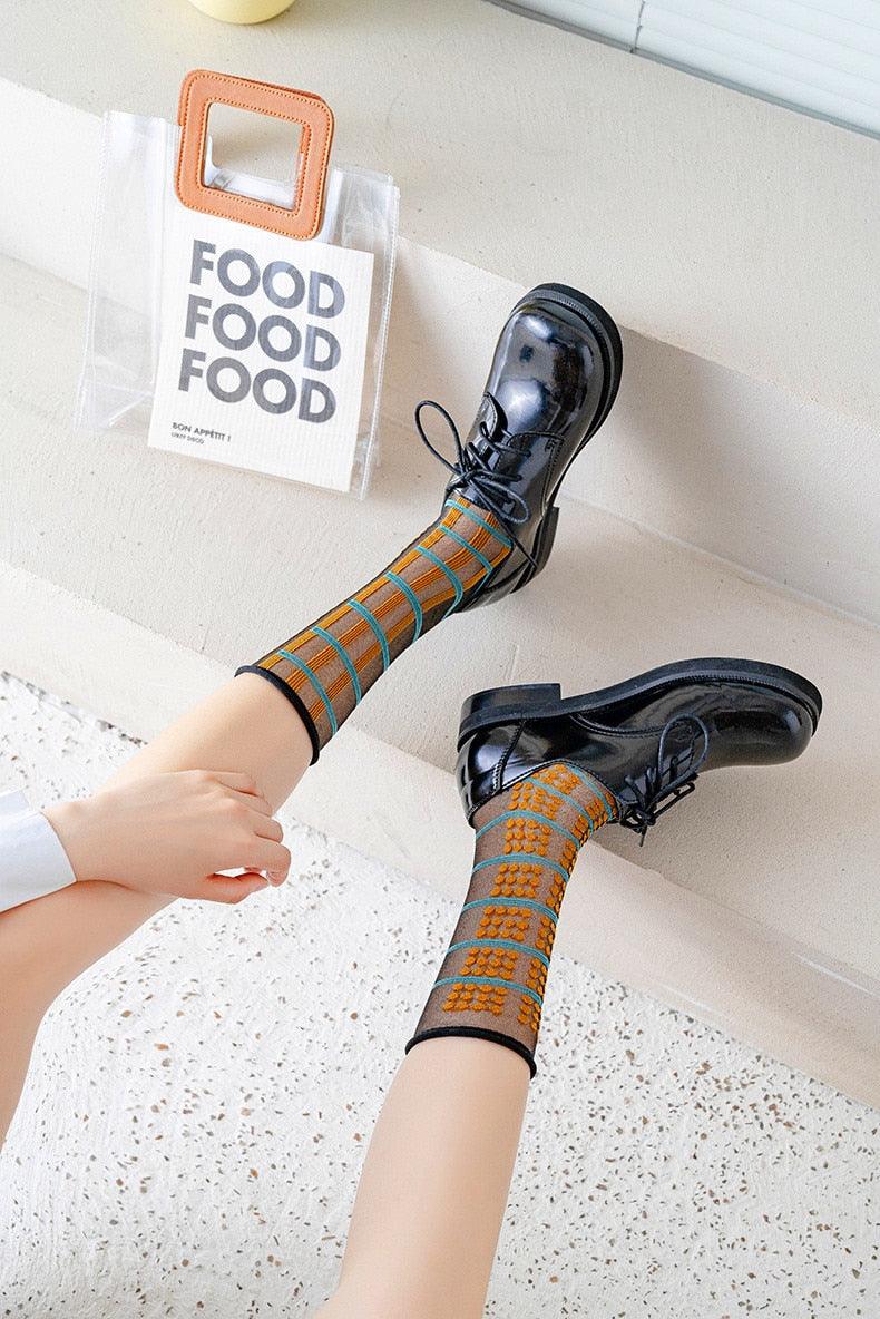 Fashion Women Socks New Spring Summer Mesh Thin Long Printed Socks Women Casual Breathable Fresh Flower Socks Korea Style Color Thin Socks For Women