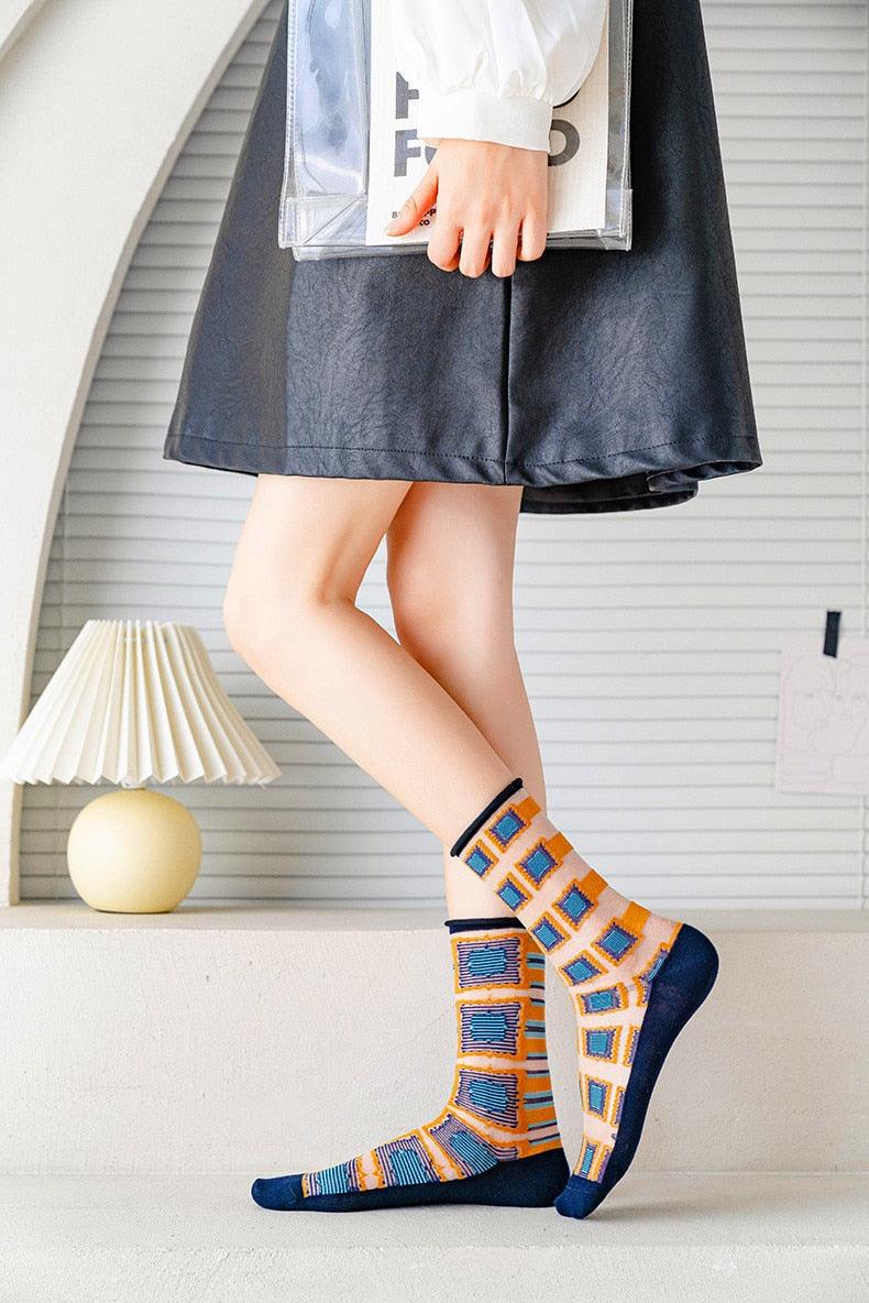 Fashion Women Socks New Spring Summer Mesh Thin Long Printed Socks Women Casual Breathable Fresh Flower Socks Korea Style Color Thin Socks For Women