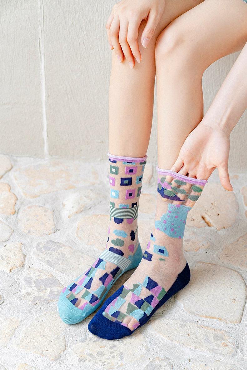 Fashion Women Socks New Spring Summer Mesh Thin Long Printed Socks Women Casual Breathable Fresh Flower Socks Korea Style Color Thin Socks For Women