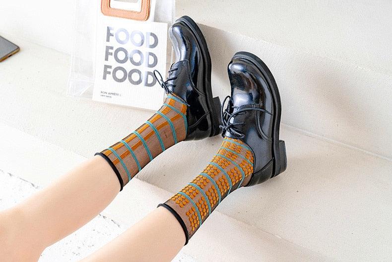 Fashion Women Socks New Spring Summer Mesh Thin Long Printed Socks Women Casual Breathable Fresh Flower Socks Korea Style Color Thin Socks For Women