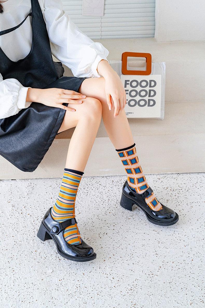Fashion Women Socks New Spring Summer Mesh Thin Long Printed Socks Women Casual Breathable Fresh Flower Socks Korea Style Color Thin Socks For Women