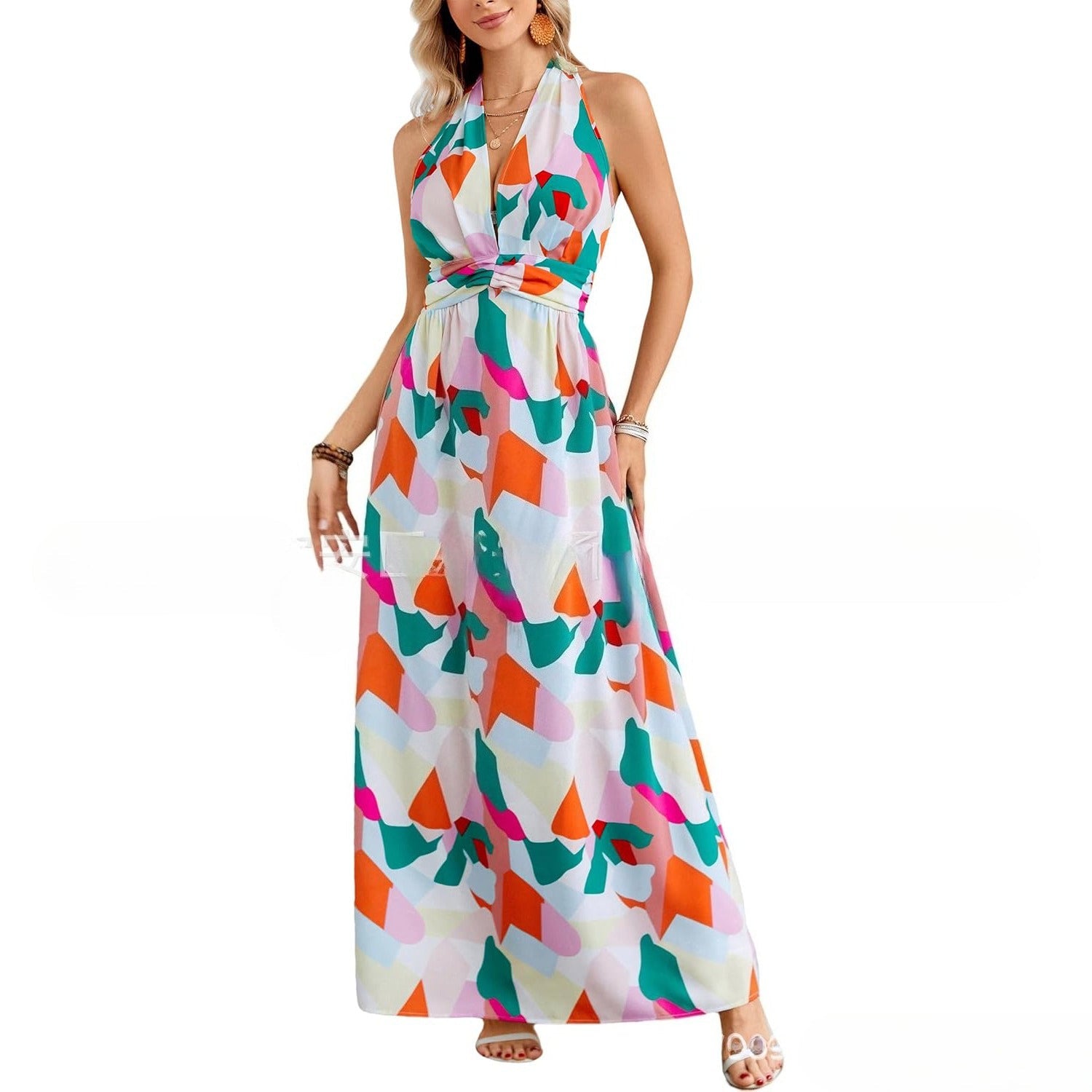 Women's Halter Neck Printed Bohemian Dress Vacation Beach Maxi Dress