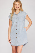 Blue Grey Full Size Folded Cuff Button-Down Shirt Dress Plus Size Casual Simple Women Dress