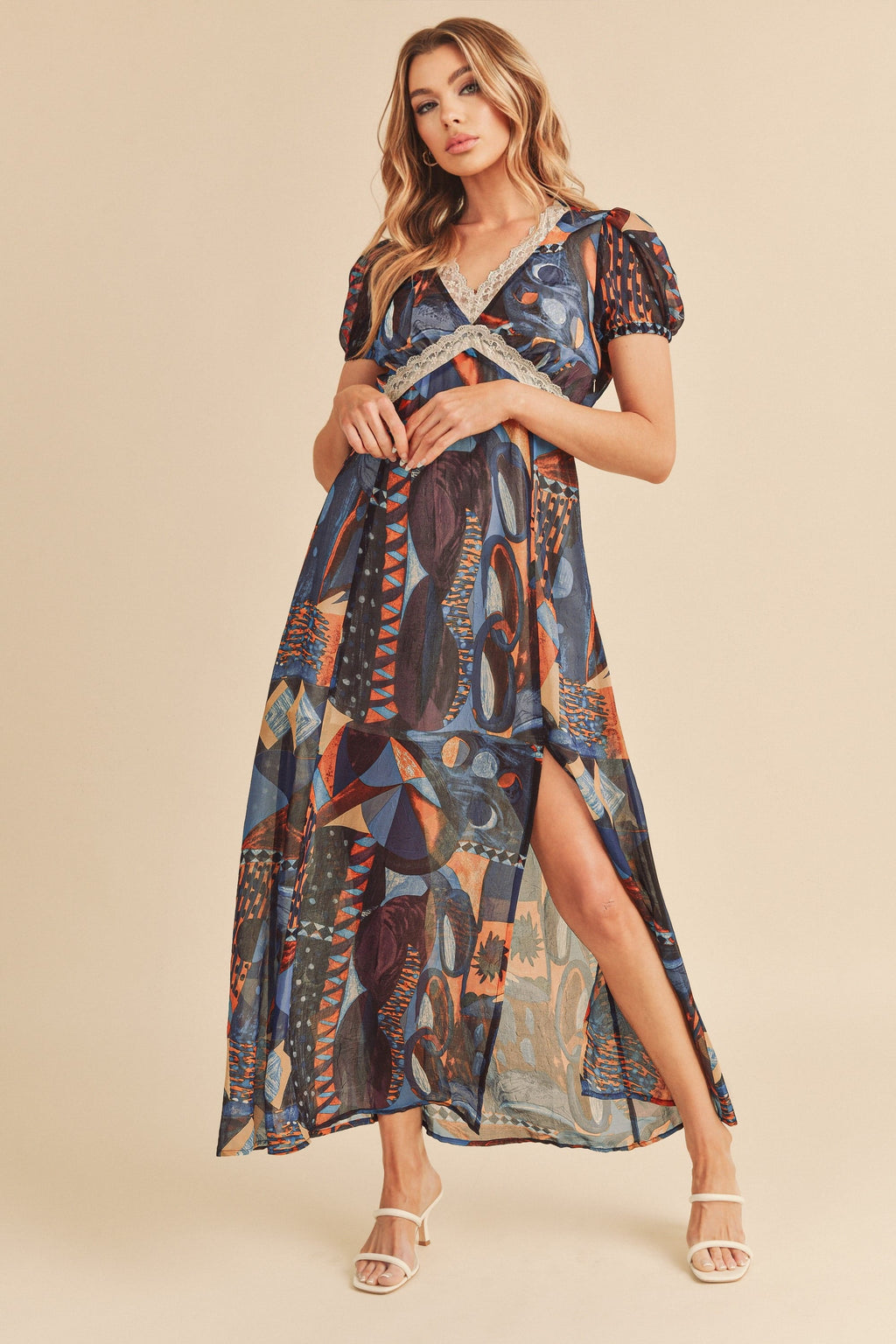 Lace Detail Slit Geometric Print Short Sleeve Comfortable Maxi Dress For Women, Elegant Lace, Alluring Slit, Sophisticated Geometric Print for Casual & Dressy Occasions