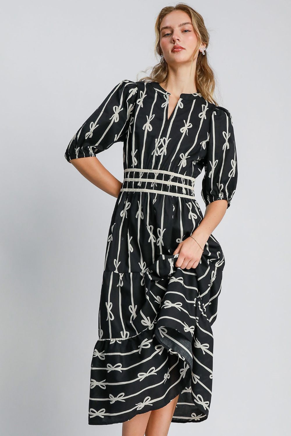 Bow Tie Print Notched Contrast Velvet Trim Midi Dress–Elegant Bow Tie Print, Modern Notched Neckline, Luxurious Velvet Trim, Sophisticated Midi Dress for Special Events