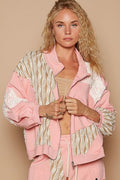 Modern Women Pink Applique Patchwork Zip-Up Jacket Artistic Details And Functional Design