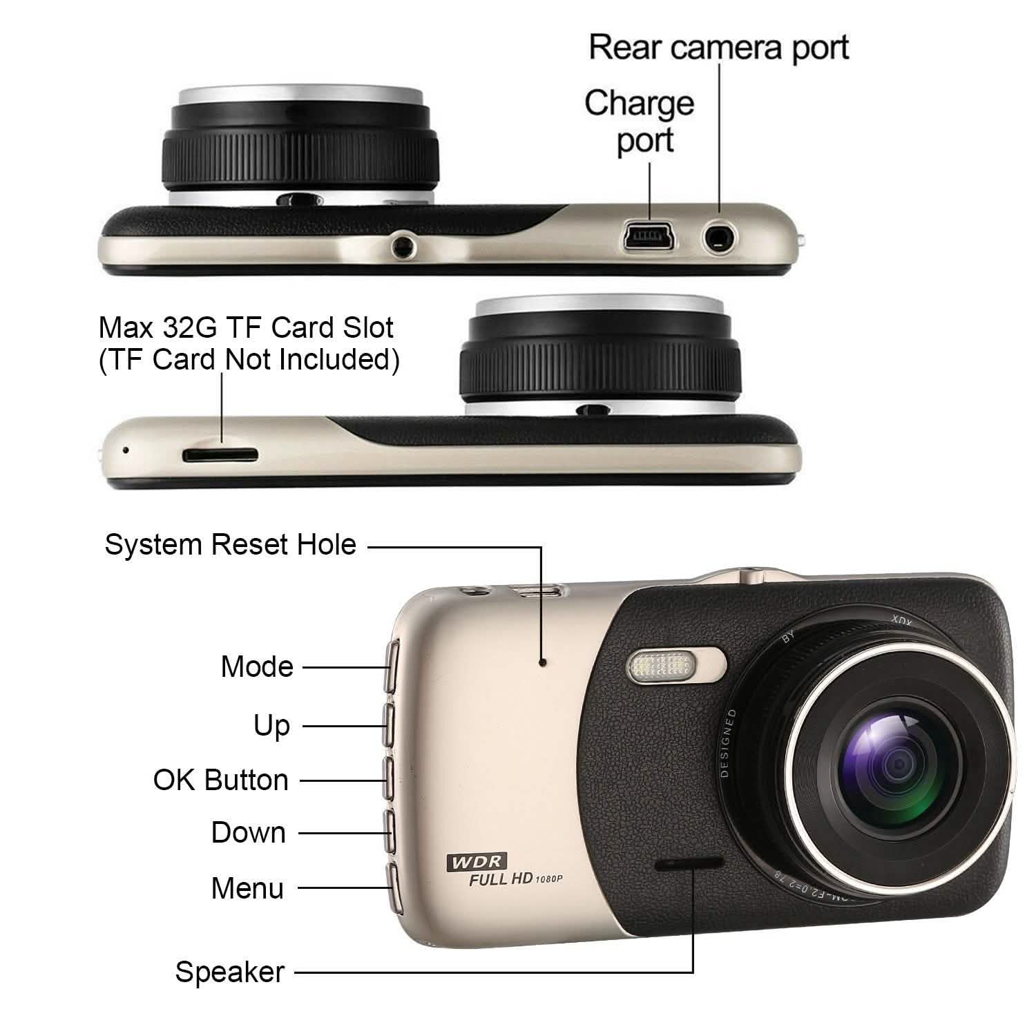 FHD 1080P Dash Cam 4" Screen Dual Cameras