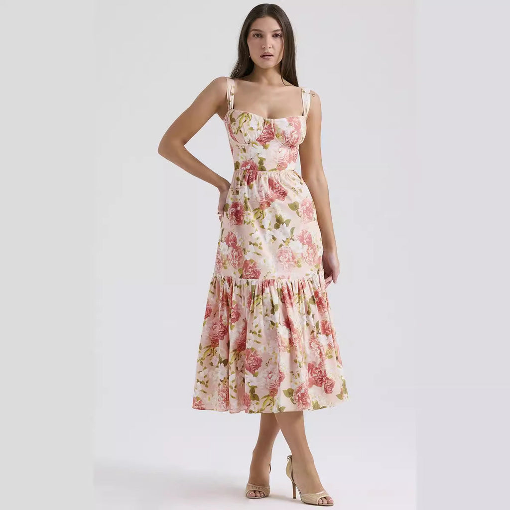 Sweet and spicy wind suspender solid color A pendulum floral dress women