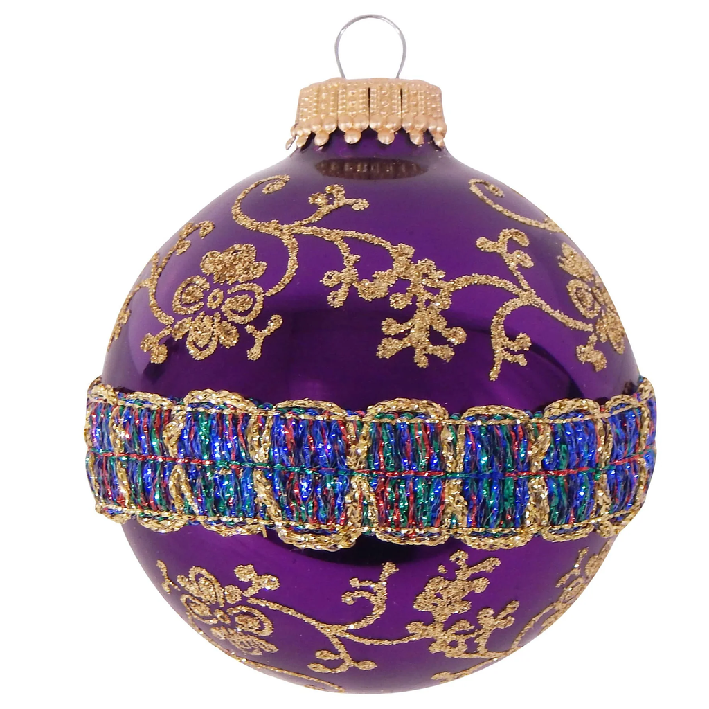 Magenta Purple / Plum Velvet 2 5/8" Glass Ball with Glitterlace and Braid - Set of 4