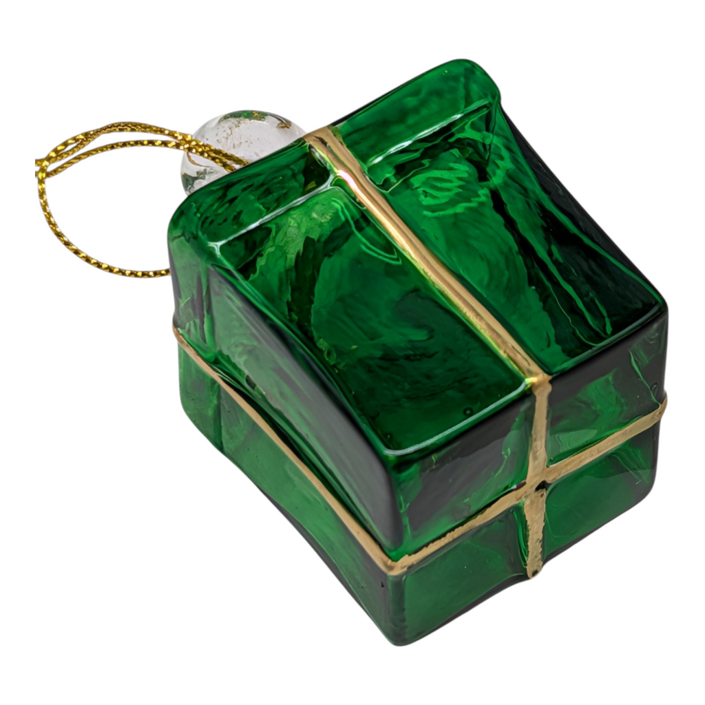 Blown Glass Present Ornament - Green