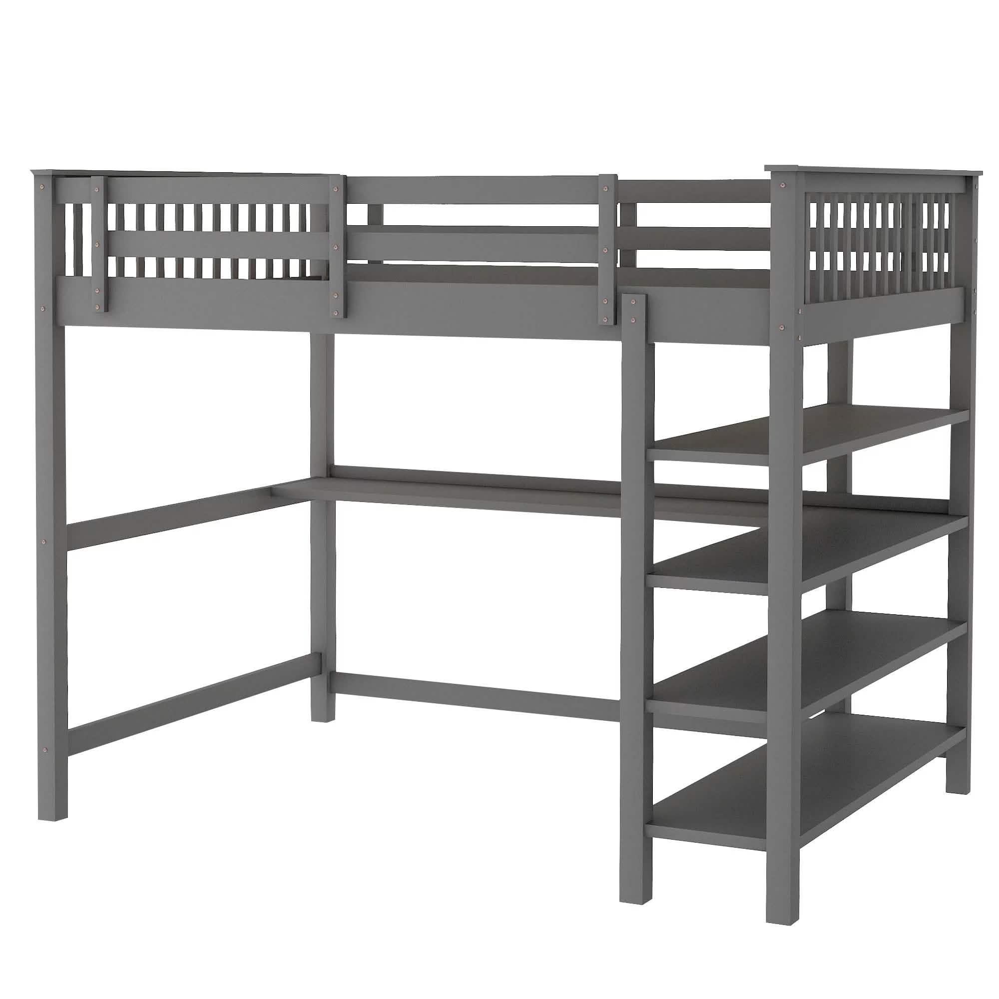 Full Size Loft Bed with Under-bed Desk and Storage Shelves
