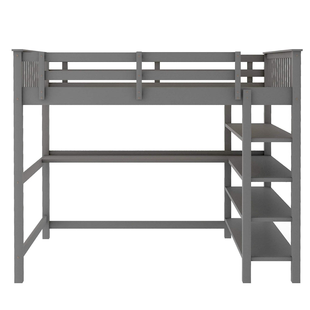 Full Size Loft Bed with Under-bed Desk and Storage Shelves
