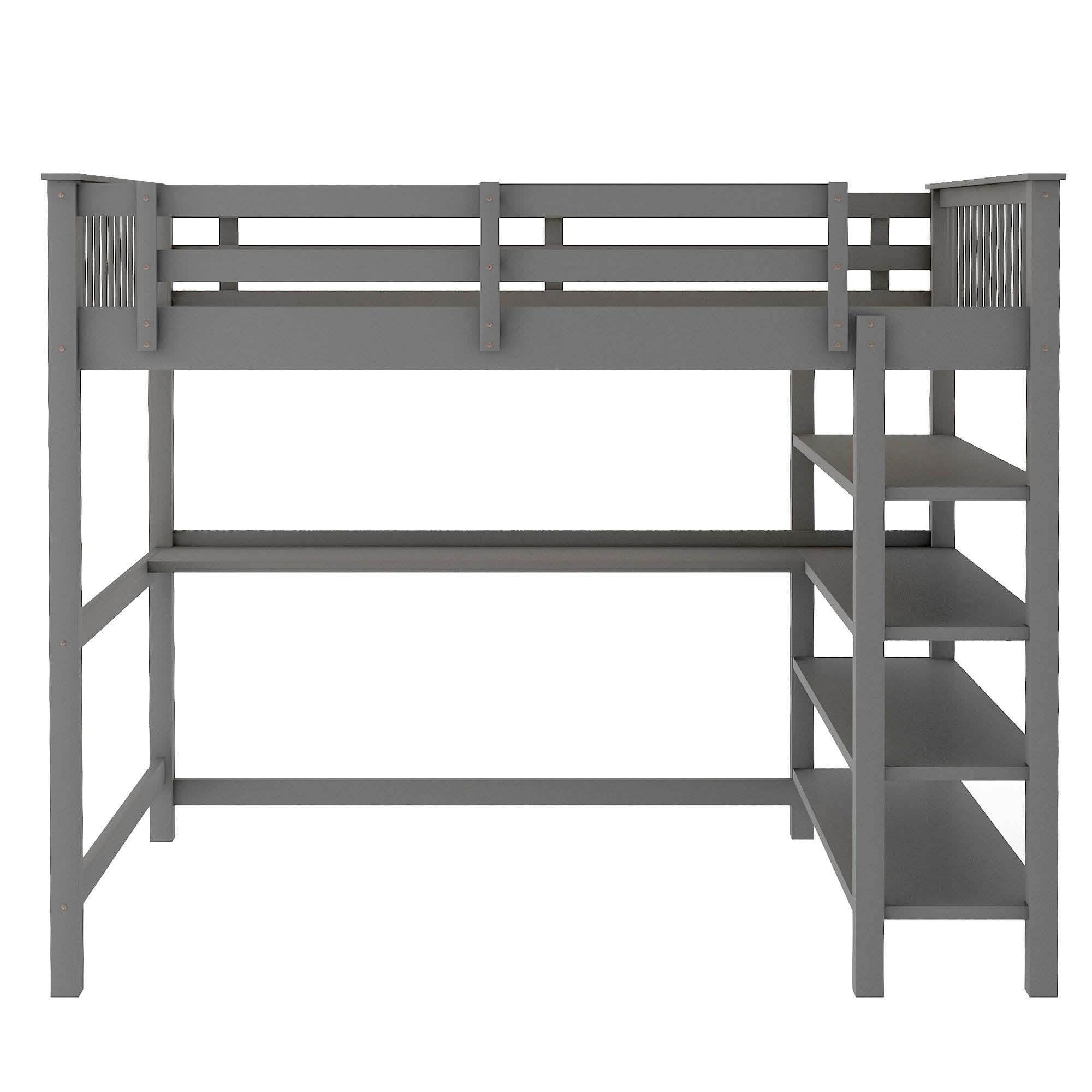 Full Size Loft Bed with Under-bed Desk and Storage Shelves