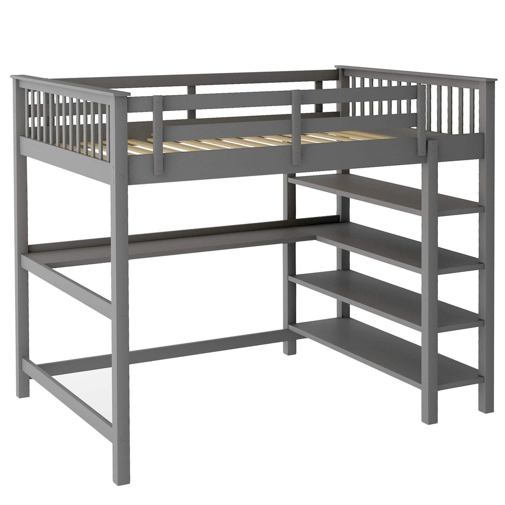 Full Size Loft Bed with Under-bed Desk and Storage Shelves