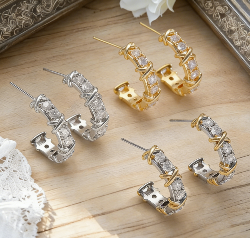 Light Luxury Zircon Color-Block Cross Hoop Earrings