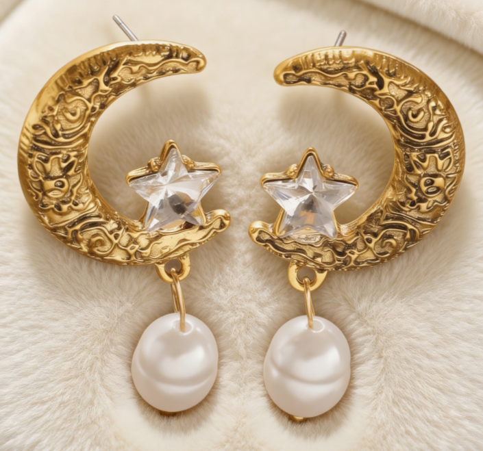 French Vintage Moon & Star Pearl Drop Earrings