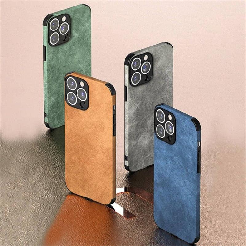 Genuine Vintage Brown Leather Case for iPhone  Luxury PU Leather Case For iPhone 13 12 11 14 Pro Max Mini XR XS X 8 7 Plus SE Soft Silicon Shockproof Phone Cover
