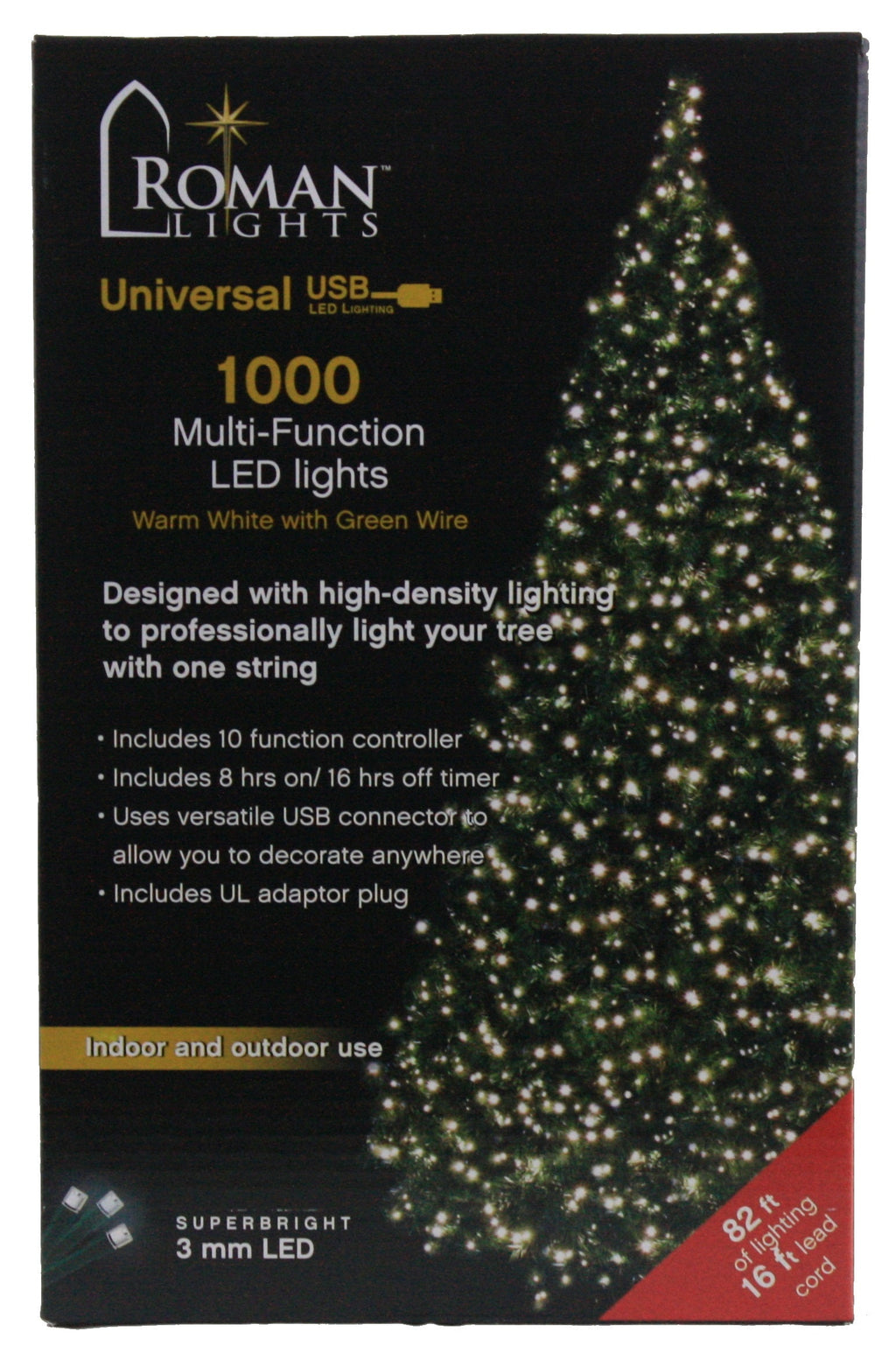 USB powered 1000 Superbright LED (82 foot) Green Wire Multifunction Lights with Timer - Warm White