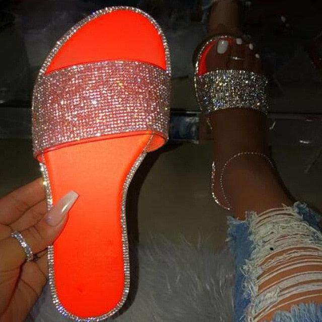 Glitter Slippers Women Summer Sandals Fashion Bling Candy Color Flip Flops Beach Diamond Flat Outdoor Sandals Slip On Sandals Slide Glitter Bling Casual Sandal Flat Open Toe Sparkle Slides