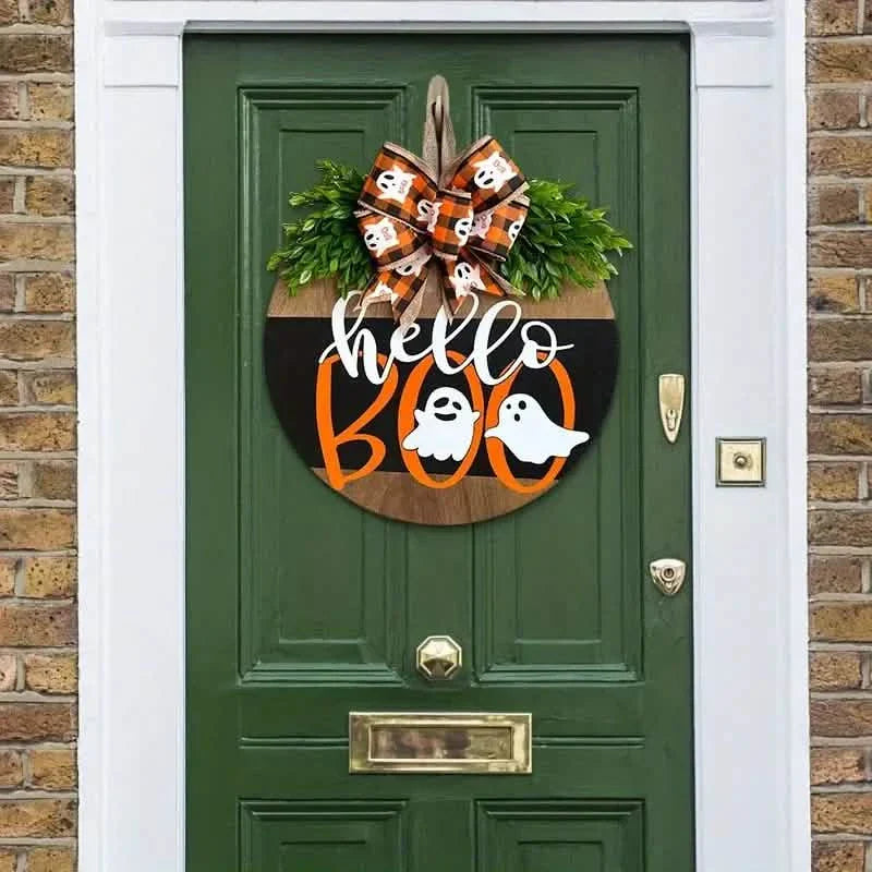 Halloween Round Wooden Board Front Door Decoration Wreath