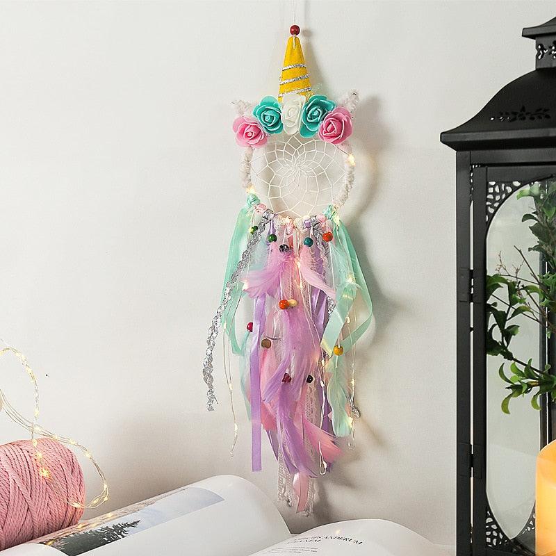 Handmade  Dream Catchers Flower For Kids Unicorn Dream Catcher Ornament  Feather Wall Decor For Girls Bedroom Flower Wall Hanging Decoration Flower Dream Catcher
