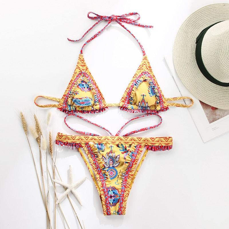 Handwork Bikinis Small Ruffle Swimsuit Vintage Print Swimwear Women Bathing Suit Leopard Patchwork Bikini Set String