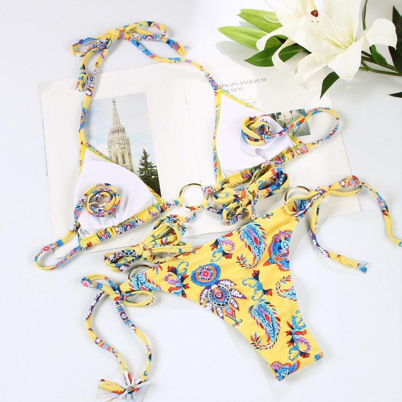 Handwork Bikinis Small Ruffle Swimsuit Vintage Print Swimwear Women Bathing Suit Leopard Patchwork Bikini Set String