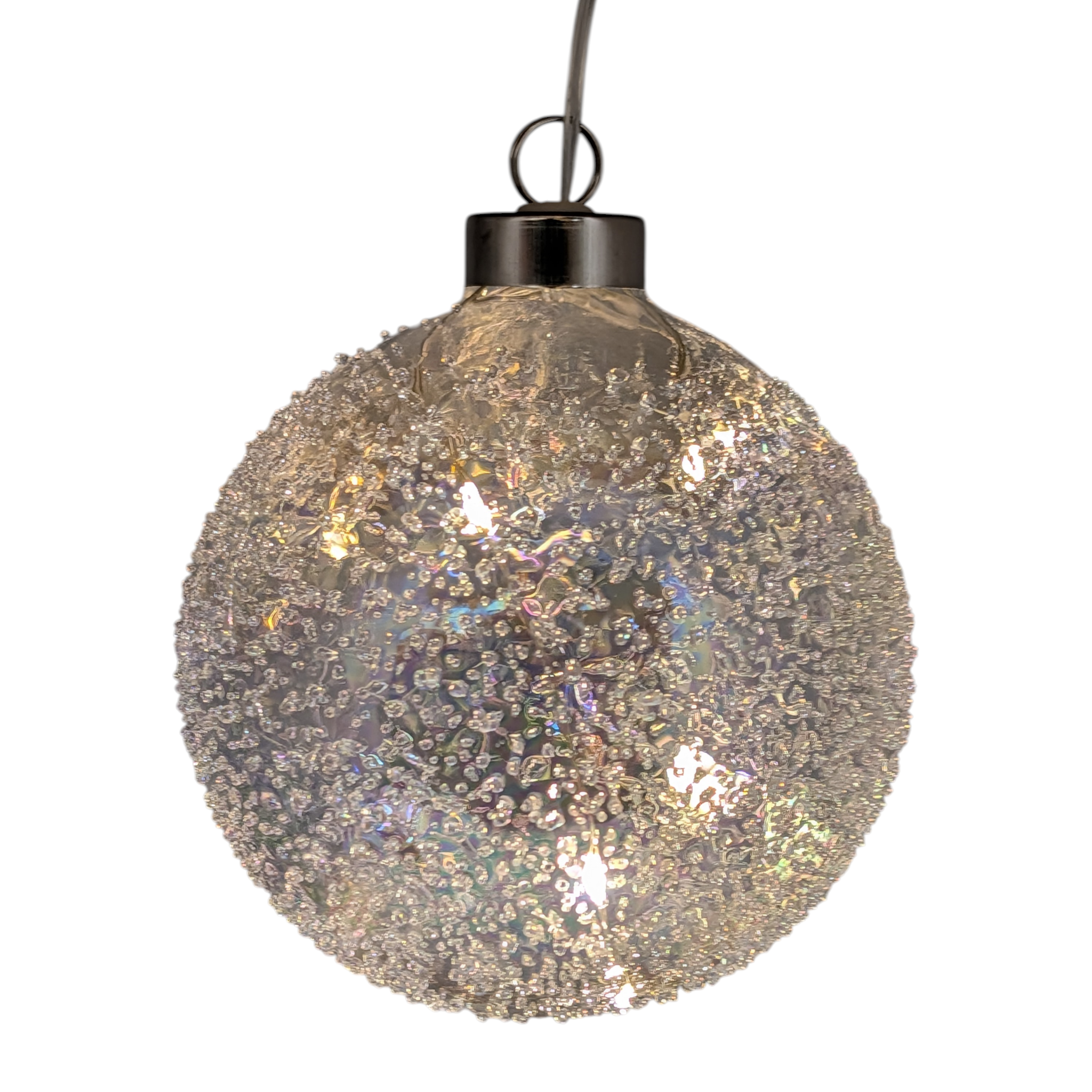 Lighted USB Clear Iridescent Glass Ball Ornament - Dimpled