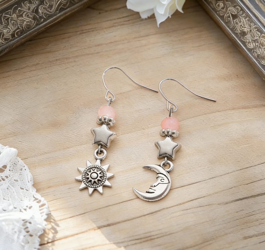 Long Vintage Sun, Moon & Star Drop Earrings