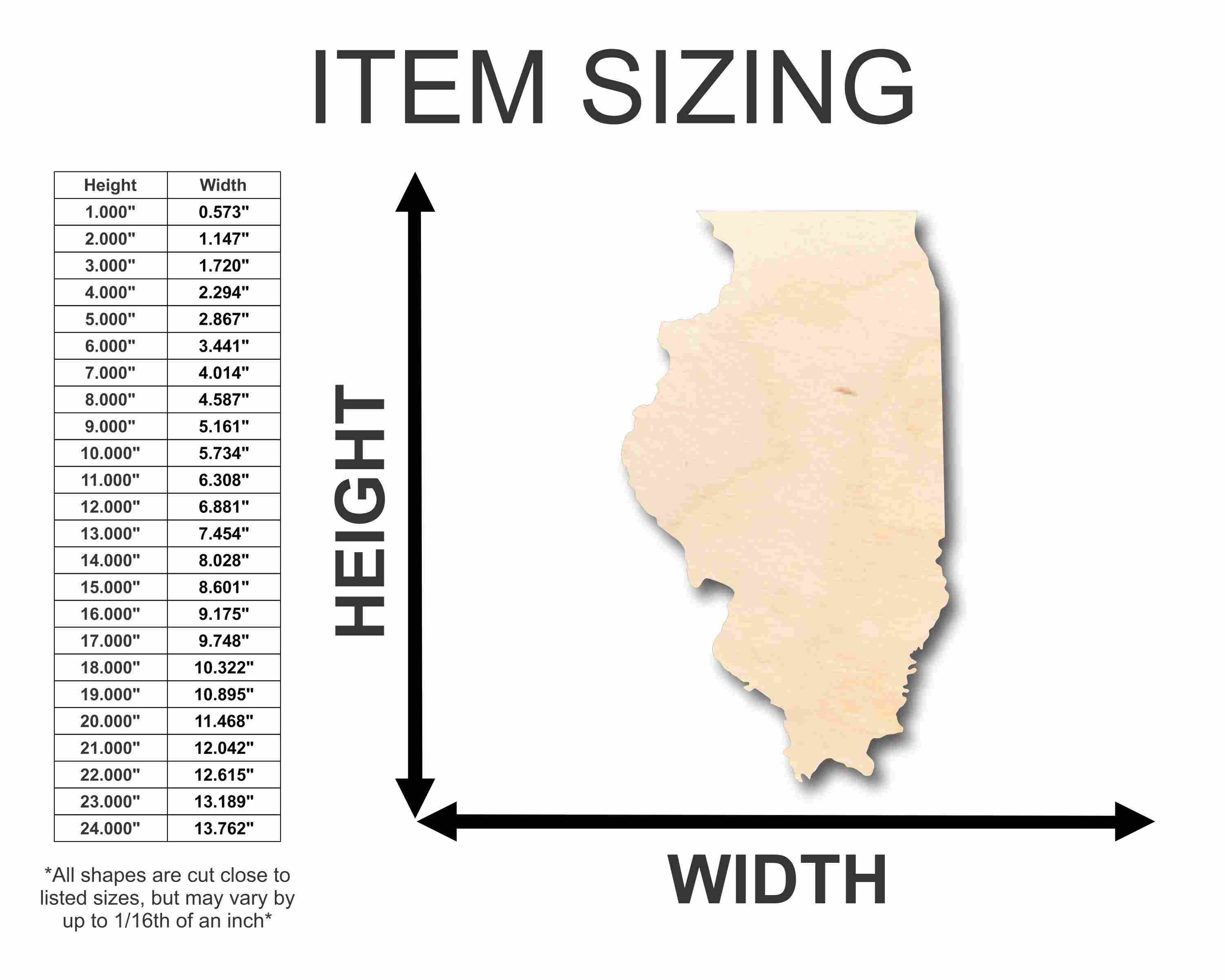Unfinished Wood Illinois Shape - State - Craft - up to 46"  DIY