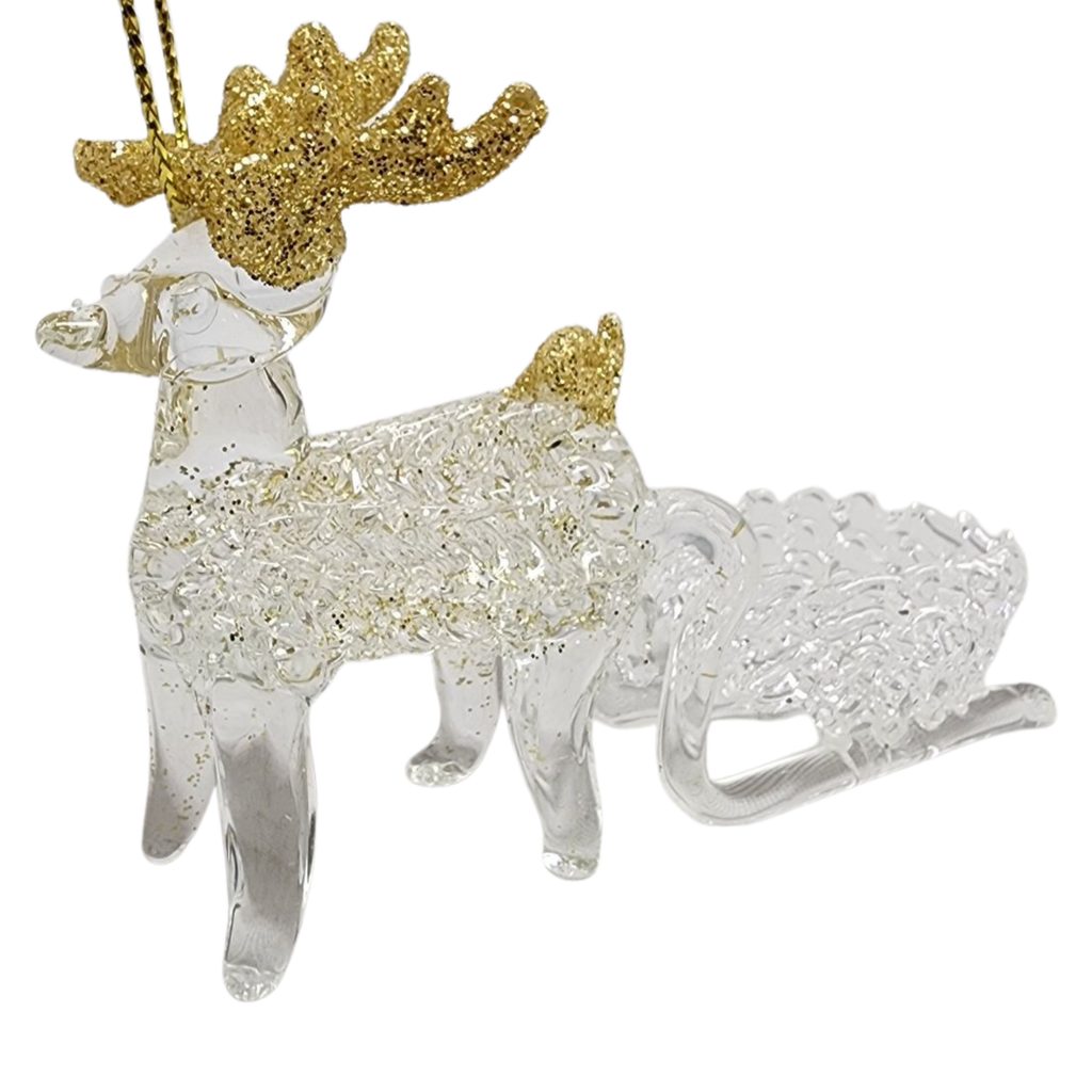 Spunglass Ornament - Gold Reindeer With Sleigh