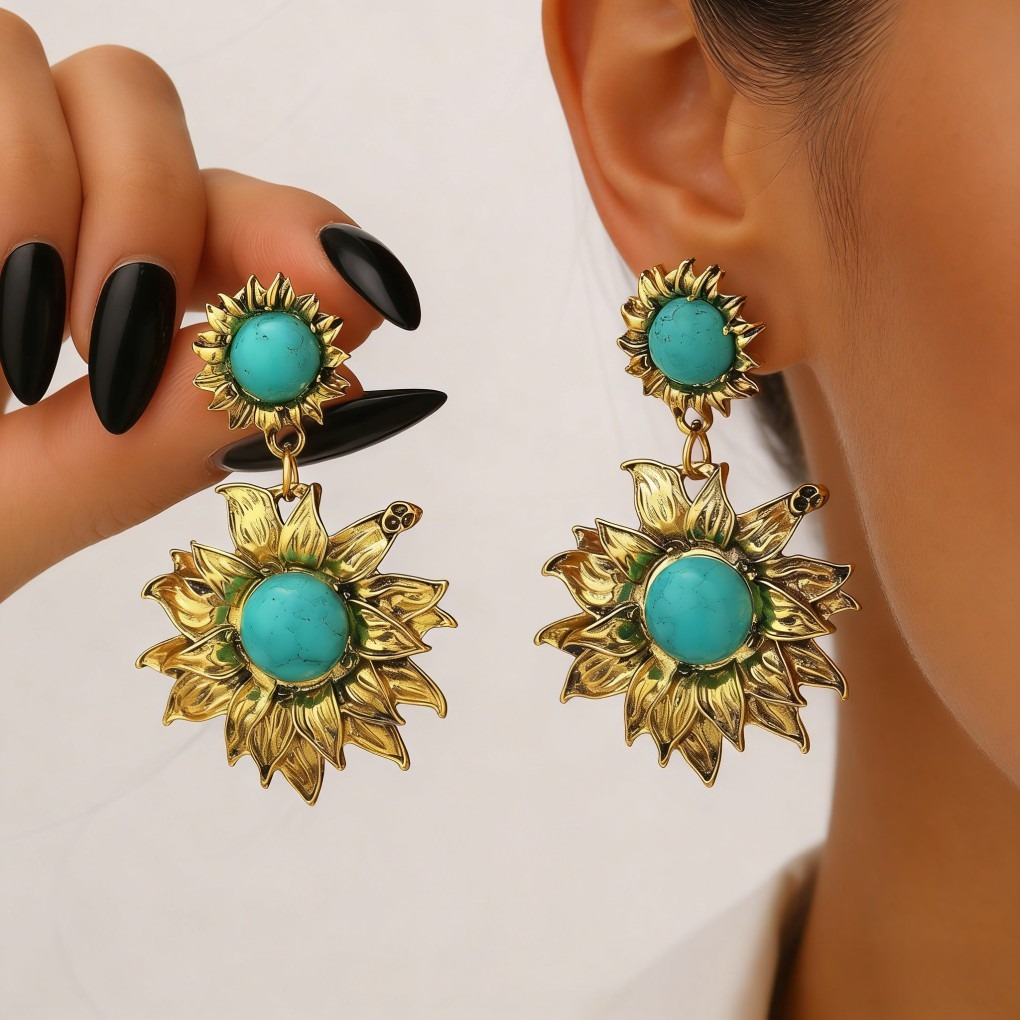 Vintage Sunflower Turquoise Earrings