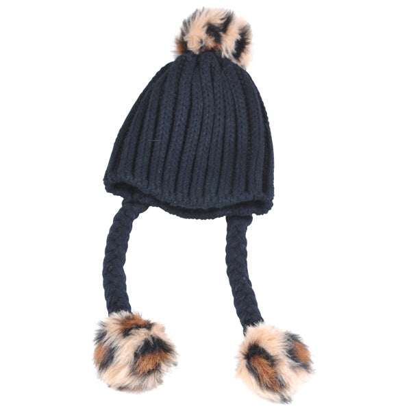 Knitted Hat With Poms - Black