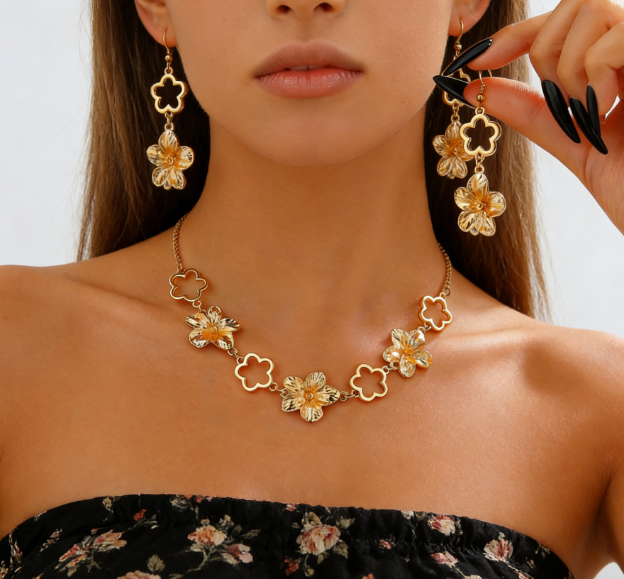 Elegant Hollow Flower Bracelet & Earrings Set