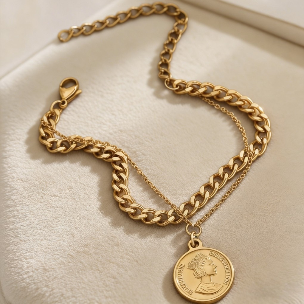 Vintage Gold Coin Medallion Double-Layer Chain Bracelet