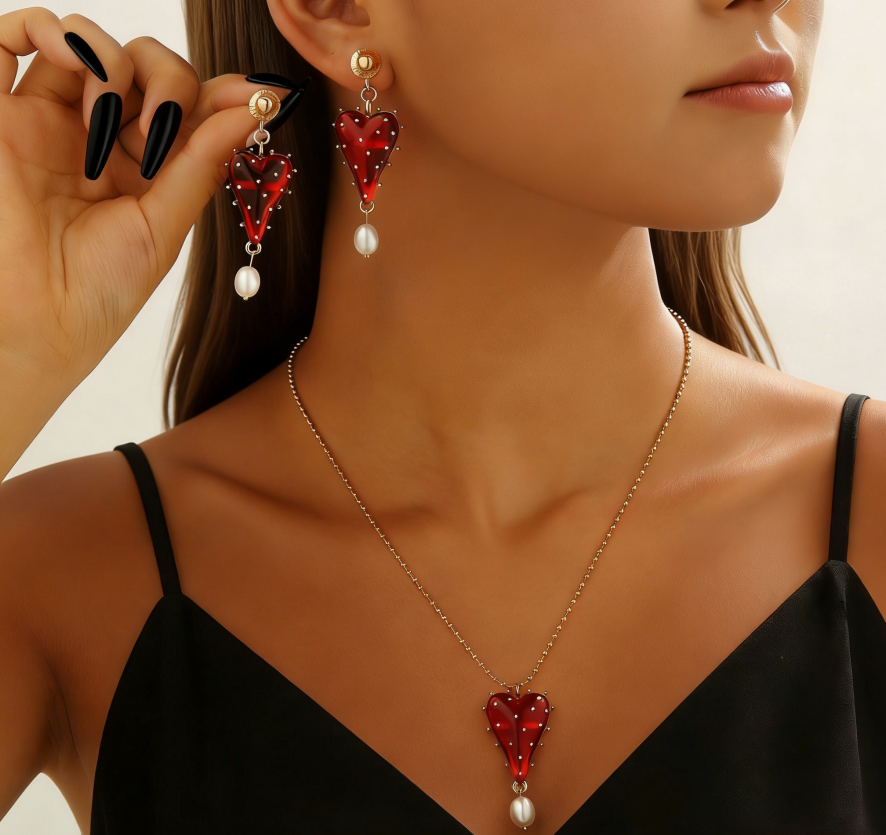Palace Sheer Tassel Heart & Strawberry Earring Set