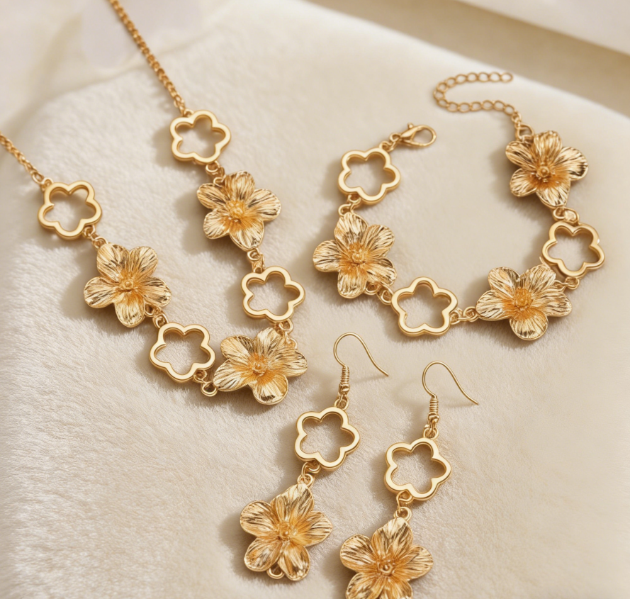 Elegant Hollow Flower Bracelet & Earrings Set