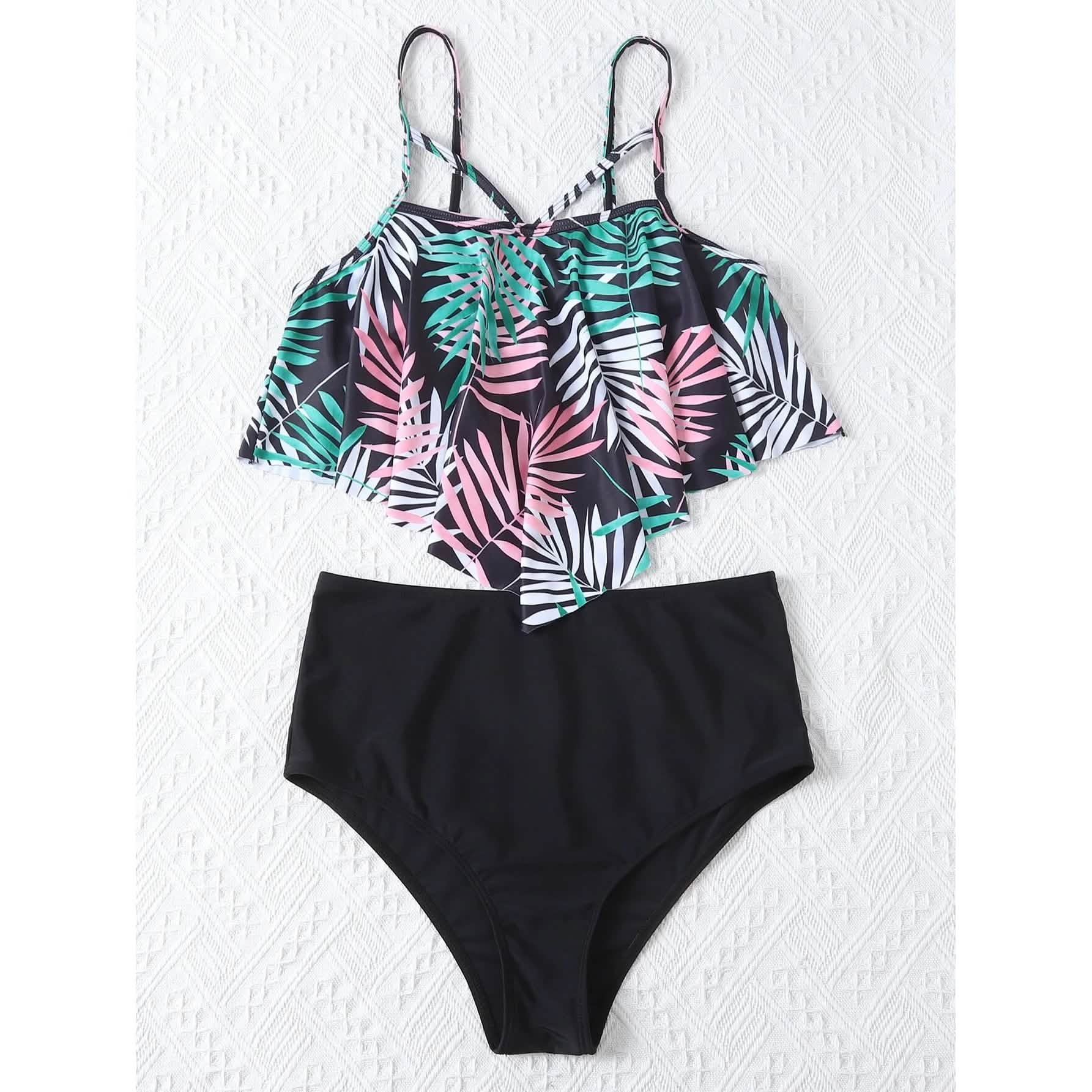 Leaf Print Hanky Hem High Waisted Bikini Swimsuit