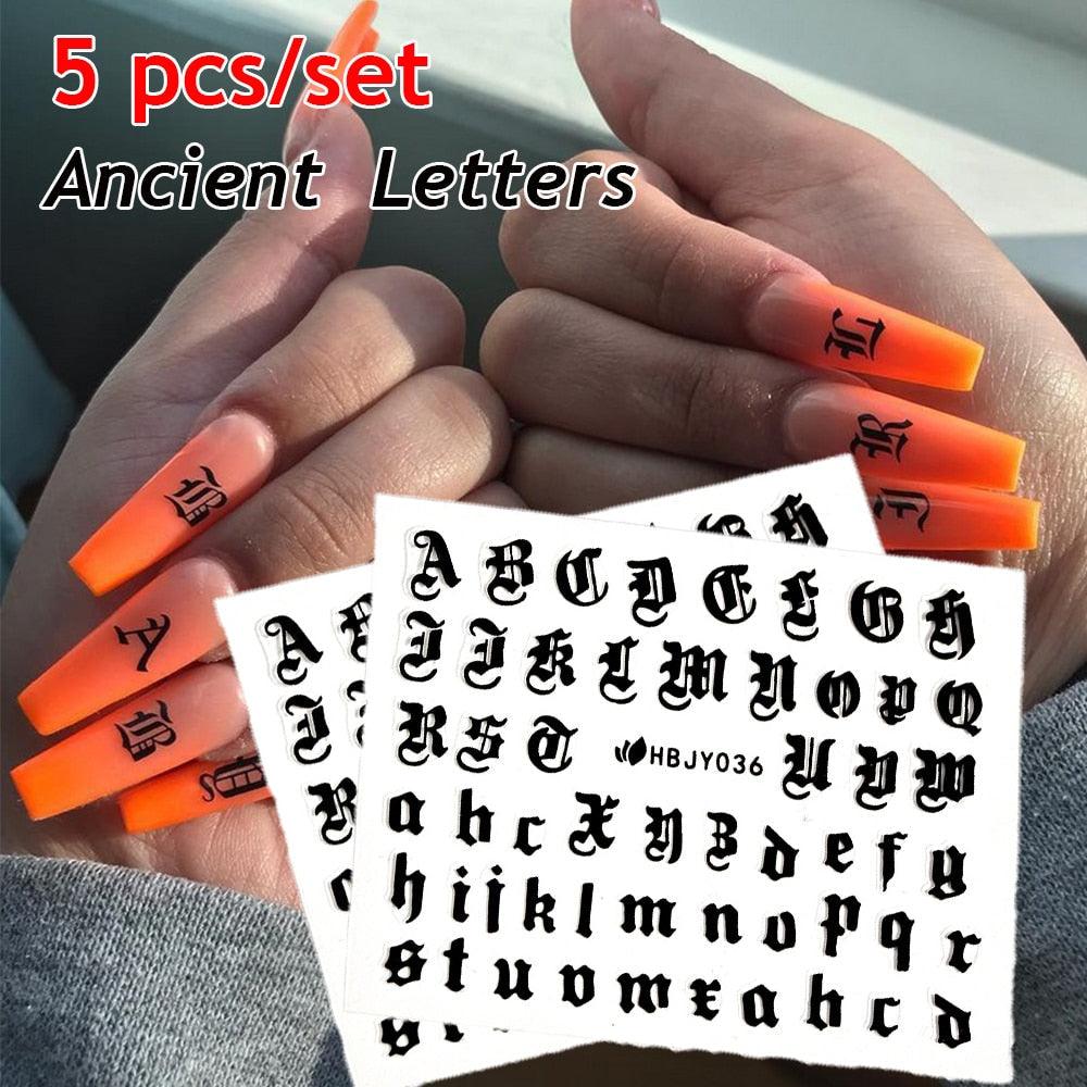 Letter 3D Decals Nail Art Stickers English Old Font Black Number Tattoo Nails Design Water Sliders Manicure Decoration 3D Nail Supplies Holographic Old English Character Nail Self-Adhesive Sticker English Font Design Manicure Decorations Accessories