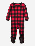 Kids Footed Cotton Pajama Black And  Red Plaid -