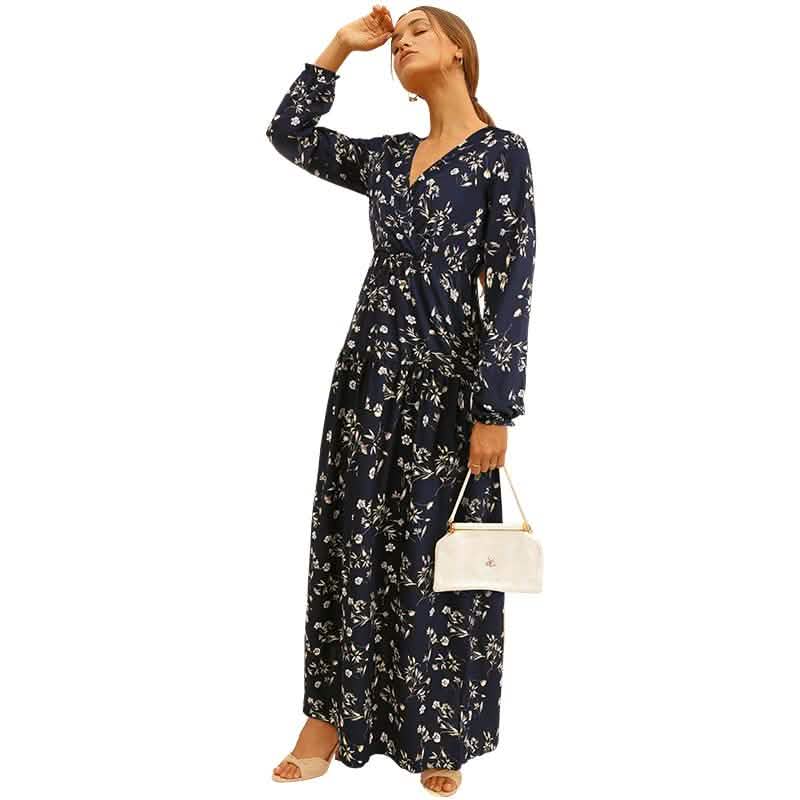 Long Sleeve Fashion Casual High Waist Maxi Dress Slim Floral Print V Neck