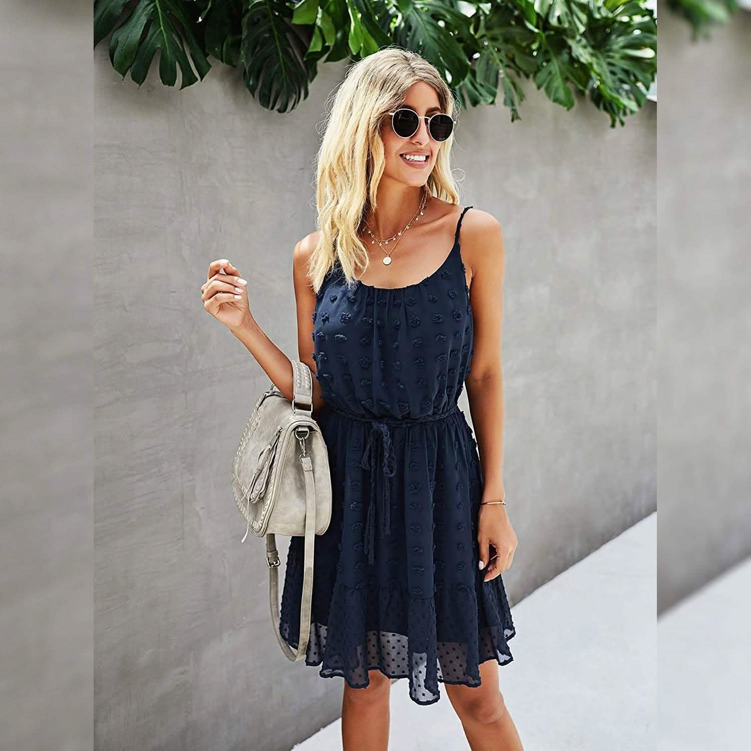 Lovinchic Women's Spaghetti Strap Tied Waist Floral Mini Dress Summer Casual Flowy Dress