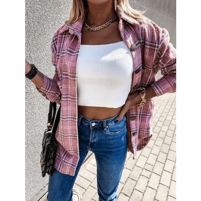 Luxurious Fashionable Women's Long Sleeve Plaid Shirt Coats Top Spring Autumn Casual Lapel Cardigan ,Jackets ,Outerwear,Streetwear